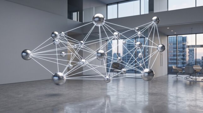 abstract network sculpture modern office art installation chrome sphere node sculpture contemporary interior decor futuristic metal network corporate lobby sculpture