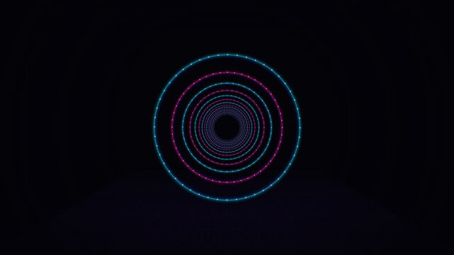 Futuristic neon circle tunnel with glowing pink and cyan led rings on black background. Symmetrical centered view of an infinite geometric portal creating a retro synthwave scifi vibe for background.