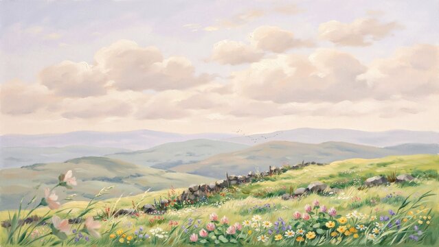 Highland Meadow with Wildflowers, Pastel Oil Painting of Rolling Green Hills and Countryside.