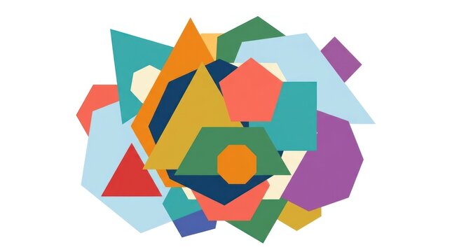Vibrant abstract geometric shapes layered with overlapping polygons in a bold color palette.