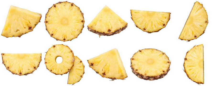Collection of pineapple slices and wedges isolated on transparent background