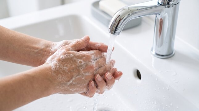 Proper handwashing at bathroom sink, symbolizing personal cleanliness, infection control, hygiene awareness, wellness and public health.