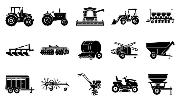 Farm Machinery Equipment Vector Icons Set. Agricultural Vehicles and Tools for Harvesting and Planting Crops.