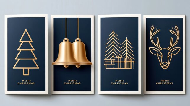 Dark navy blue Christmas greeting cards with gold line art and metallic bells