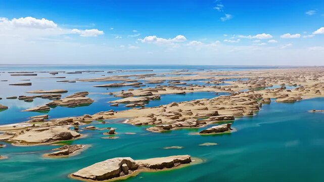 Aerial view of Wusute Water Yardang Geopark with a turquoise lake and yellow sand dunes in the Qaidam Basin, Qinghai, China