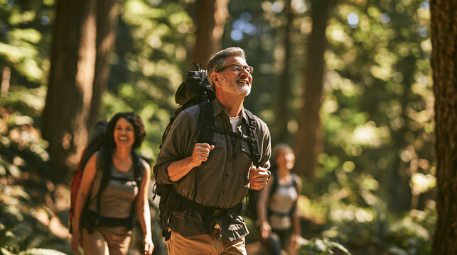 Active Senior Couple Hiking In Green Forest Authentic Candid Healthy Lifestyle Wellness Sustainable Tourism Nature Outdoor Activity Fitness Realism Diversity Multiracial Seniors Joy
