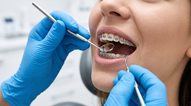Orthodontist examining woman with dental braces, symbolizing orthodontic care, healthy teeth, oral hygiene, dentistry and confident smile.