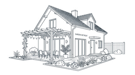 Fototapeta premium Line Art Illustration of a Cozy Modern Garden Retreat House