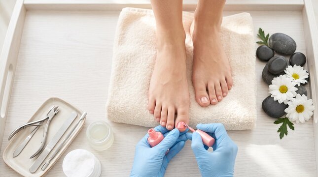 Bare feet on soft towel surrounded by pedicure essentials, symbolizing self-care, healthy nails, grooming, spa therapy and personal wellness.