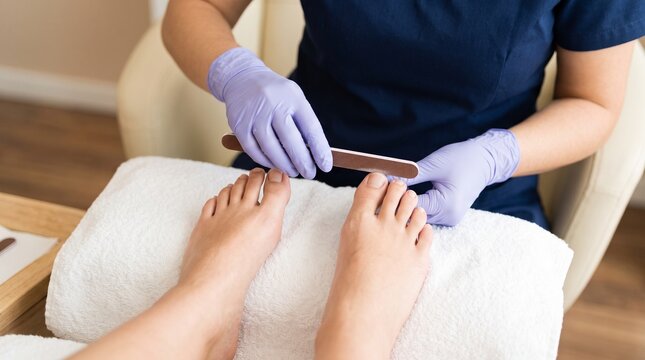 Female client receiving pedicure treatment, symbolizing foot hygiene, beauty care, wellness, relaxation and professional salon service.