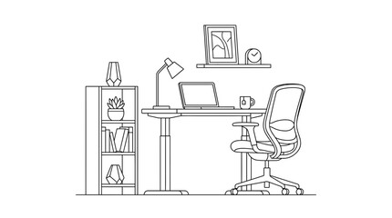 Fototapeta premium Minimalist Line Art Illustration of a Modern Home Office Workspace