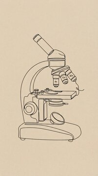 Minimalist continuous line drawing depicting a scientific laboratory microscope isolated against textured beige paper background with silhouette compound laboratory
