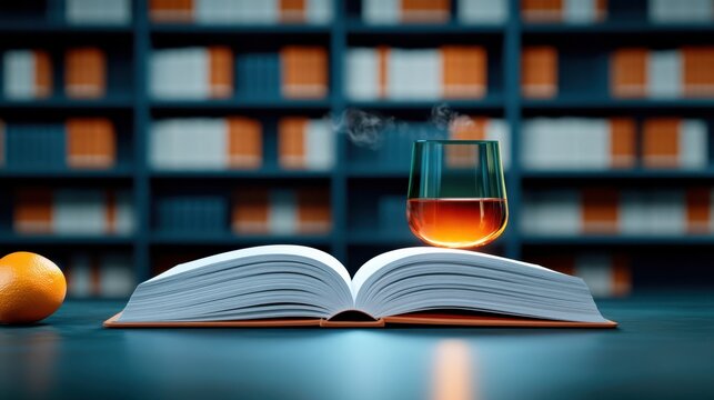 Open book with floating glass of amber liquid and orange beside it in dim library