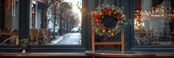 Obraz premium Floral wreath on chalkboard easel outside cafe for mothers day window display and seasonal street poster design