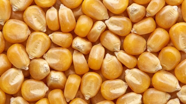 Corn kernels spread across frame creating a raw yellow dried maize seed background pattern.