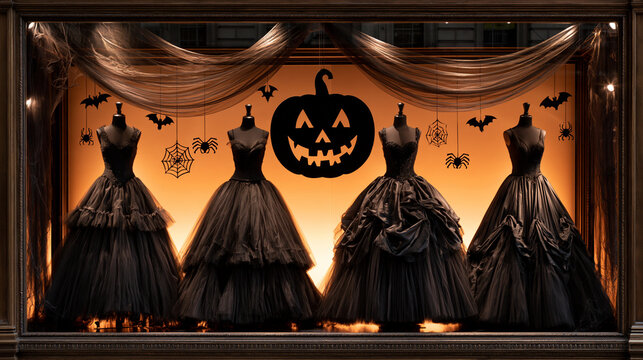 four mannequins dressed in voluminous black evening gowns stand inside a boutique window display. the gowns are highly detailed, featuring layered tulle skirts, ruffles, and struct