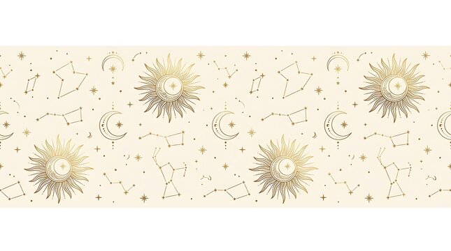 Celestial gold sun moon constellation seamless pattern luxury mystical astrology background design element with constellations arranged mystical