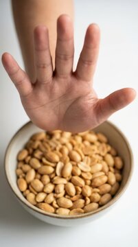 Overhead hand stopping a bowl of peanuts for food allergy awareness banner and warning sign design