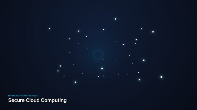 High-tech secure cloud computing enterprise infrastructure animation with glowing blue data nodes, digital network connectivity, and HUD elements for futuristic business technology presentations.