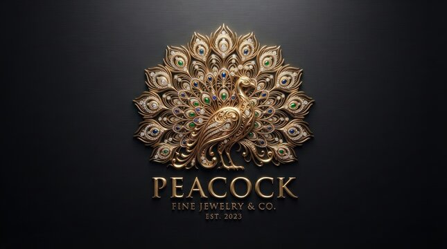 Peacock Fine Jewelry Logo with Elegant Gold Peacock Emblem on Black Background.