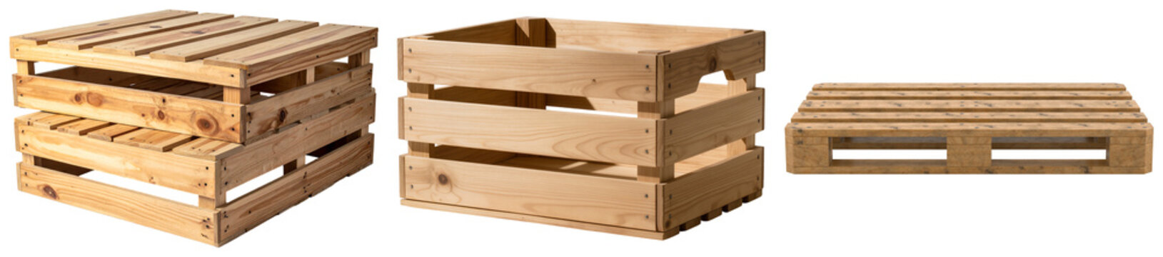 Wooden crates and pallet isolated on transparent background