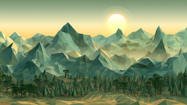 Low-Poly Geometric Landscape in Teal and Gold