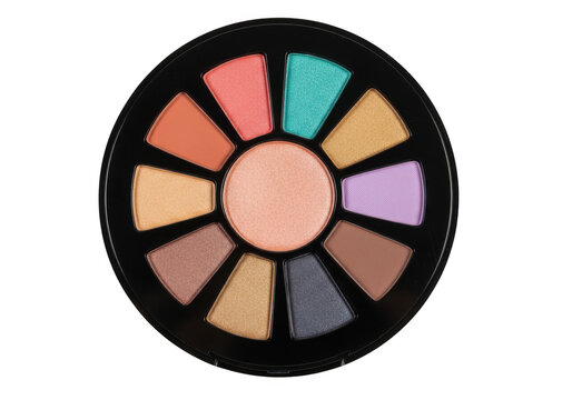 Circular makeup eyeshadow palette with multi-colored pressed powder pans, featuring a central shimmering peach highlight surrounded by matte and metallic tones