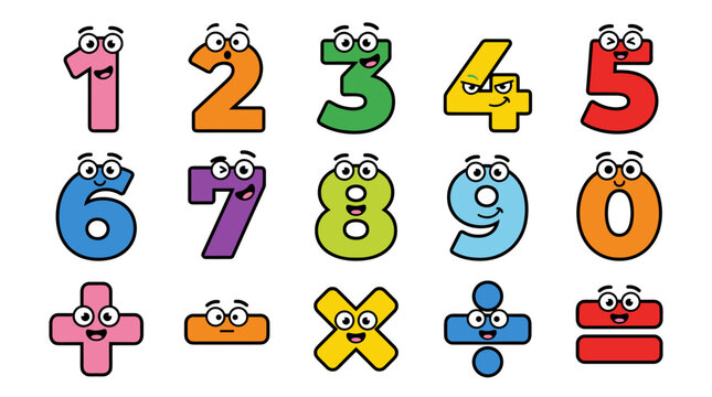 Funny cartoon numbers collection with happy faces for children education math learning