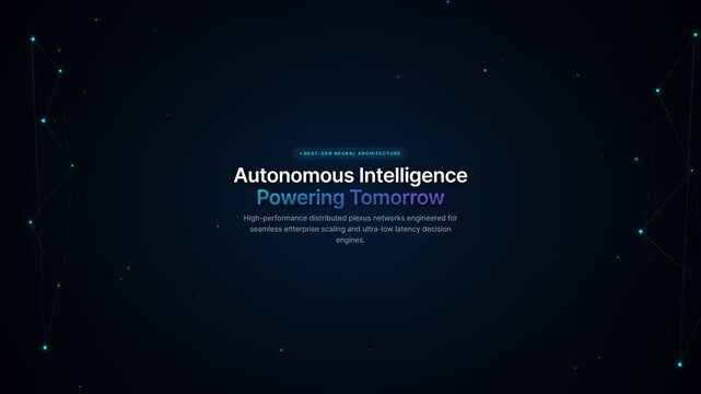 Futuristic motion graphics featuring Autonomous Intelligence Powering Tomorrow text over a dark background with blue glowing plexus particles. High-tech neural architecture for enterprise scaling.