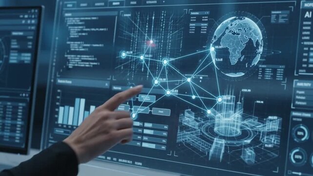 Futuristic Command Center with Professionals Monitoring Global Data Analytics and Network Security