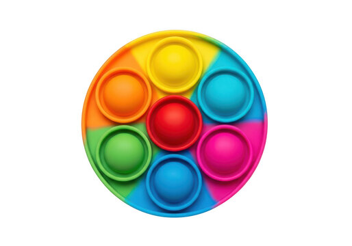 Circular rainbow-colored silicone sensory fidget toy with seven pop-it bubbles arranged in a radial pattern, isolated against a solid black background