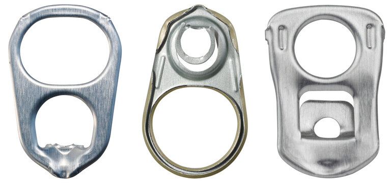 Three different types of aluminum pull tabs for beverage cans, isolated on transparent background