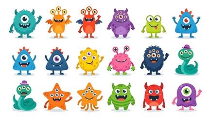 Fototapeta premium Set of colorful cartoon monsters collection featuring diverse funny creatures with various eyes and shapes for children design with multiple eyes friendly