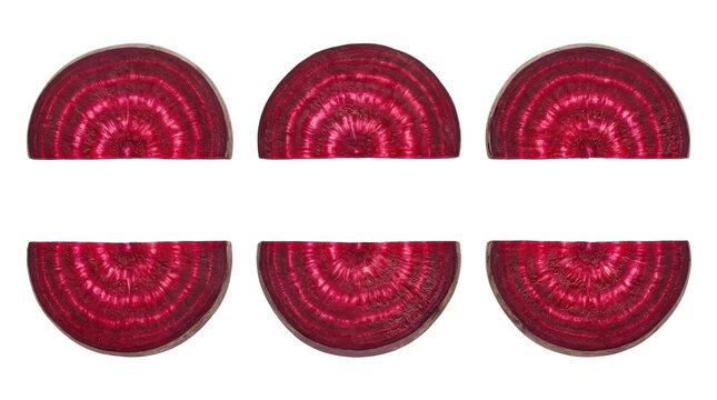 Six Slices of Fresh Red Beetroot Vegetable Isolated on White Background.