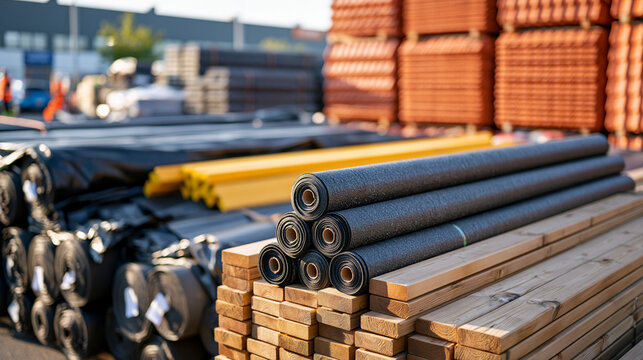 Construction materials warehouse corner with waterproofing rolls, roofing membranes, timber rafters and stacked roof tiles stored in different formats, authentic slightly cluttered inventory arrange