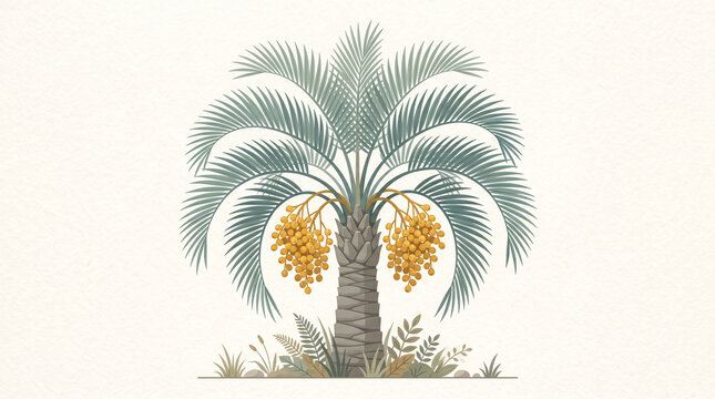 Detailed digital illustration showing a mature date palm tree with clusters of ripe golden yellow fruit
