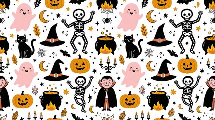 Fototapeta premium Seamless halloween pattern featuring cute cartoon ghosts skeletons pumpkins black cats and witches hats on white background with halloween icons