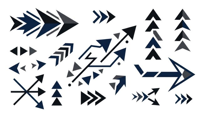 Dynamic abstract arrangement of blue and black arrow shapes in geometric patterns.