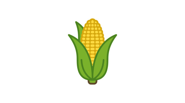 Flat vector illustration of yellow corn cob with green leaves