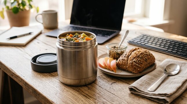 Hot vegetable soup in a reusable thermos provides a nutritious lunch on a rustic wooden desk. This convenient, healthy meal supports a balanced remote work lifestyle.