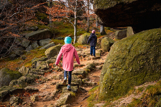 Two children walk along a rocky path in the beech forest of Jizera mountains near Oresnik rock on a sunny autumn day. The trees have orange foliage and the area is peaceful.