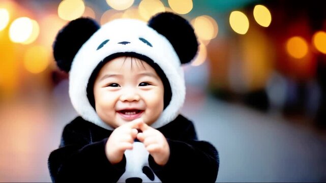 Smiling Asian baby in panda costume clasping hands outdoors at night with glowing bokeh lights, playful childhood and animal costume concept