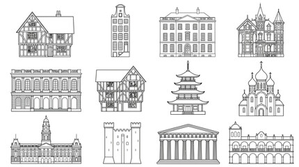 Obraz premium Vintage architectural building icons, 12 historical house line art vectors, classic world landmarks and heritage facades