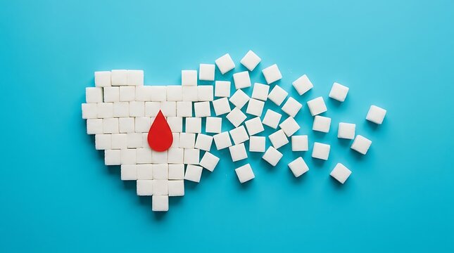 Heart shape formed by white sugar cubes with a red drop symbolizing diabetes health risks with centrally against vibrant vibrant blue background