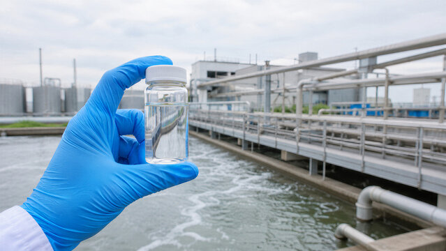 Gloved technician holding a water sample at an industrial wastewater treatment plant. Environmental monitoring, laboratory testing, pollution control, and sustainable water management concept.