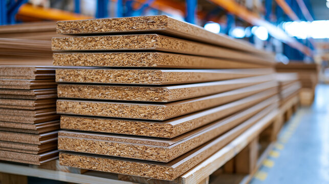 Large sheets of chipboard and particle board stacked horizontally on heavy-duty wooden pallets inside a modern warehouse, multiple board sizes visible from the side, industrial shelving and concrete