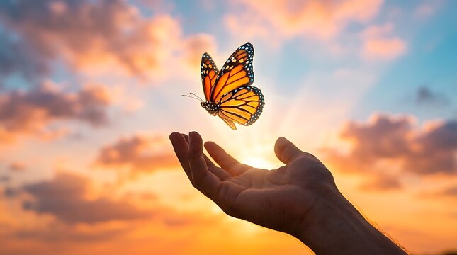 Monarch butterfly flying from human hand toward golden sunset sky representing freedom with depicts single monarch against vibrant sunset