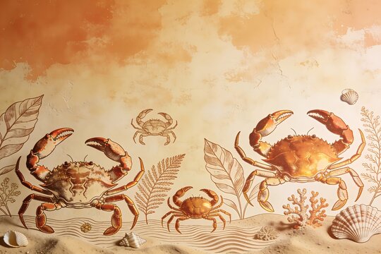Hand drawn copper linework crabs and coral accents decorate a warm terracotta beige textured wallpaper mural in vintage marine style