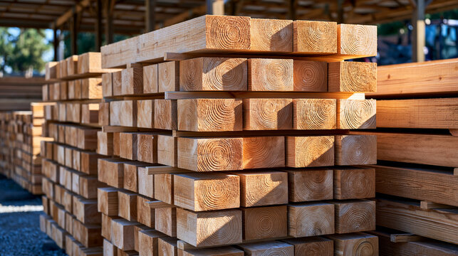 Large stacks of untreated wooden rafters and roof beams stored outdoors beneath a simple protective canopy, different lengths arranged in layers with wooden spacers between them, realistic lumber ya
