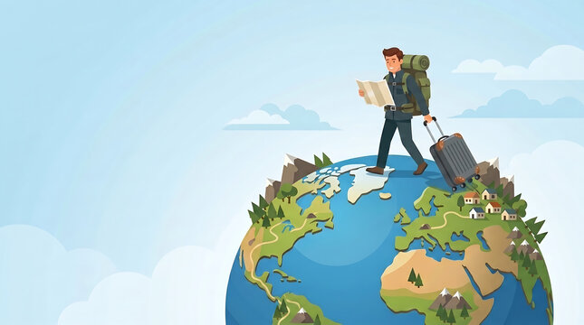 A backpacker with a map and luggage walks across a mini globe model, symbolizing worldwide exploration, travel, and global unity for World Tourism Day.